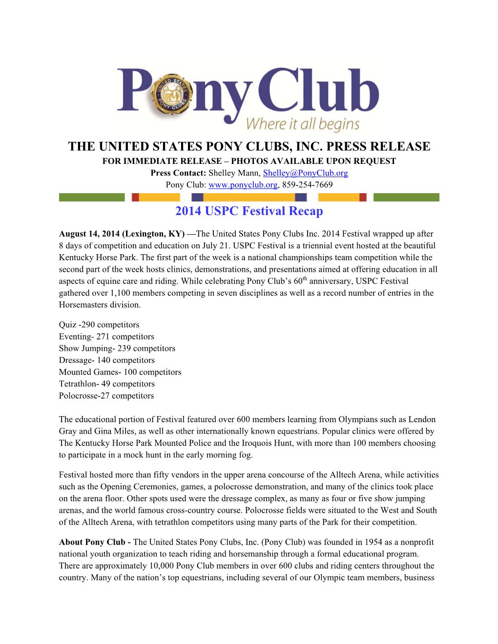 The United States Pony Clubs, Inc. Press Release 2014 Uspc