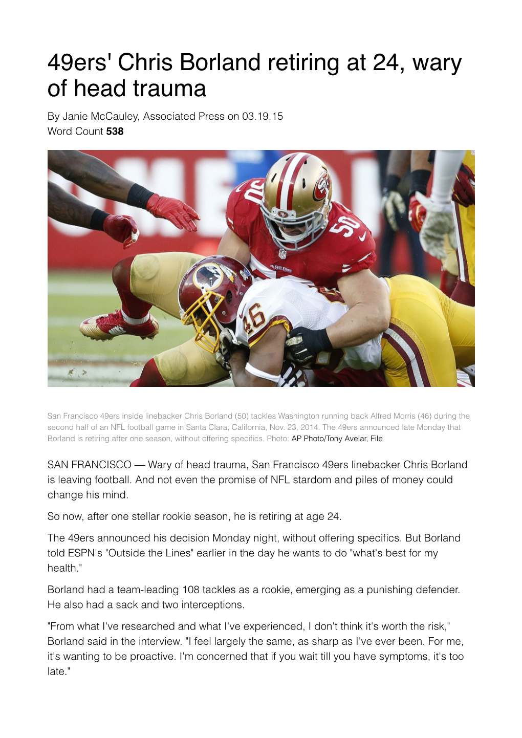 49Ers' Chris Borland Retiring at 24, Wary of Head Trauma by Janie Mccauley, Associated Press on 03.19.15 Word Count 538