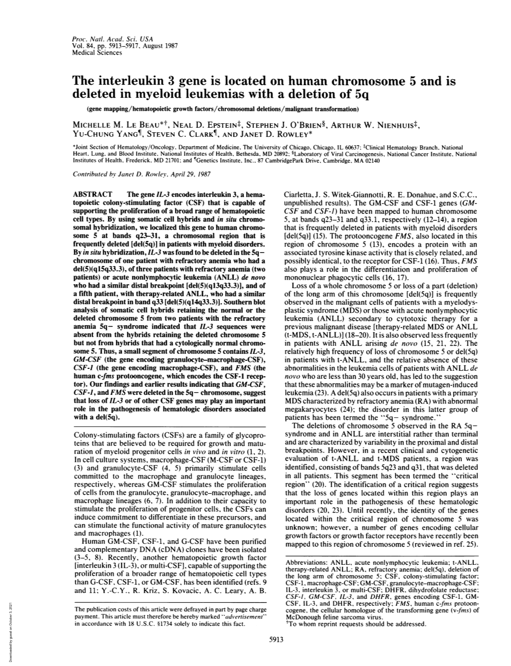 The Interleukin 3 Gene Is Located on Human Chromosome 5 and Is Deleted in Myeloid Leukemias with a Deletion of 5Q