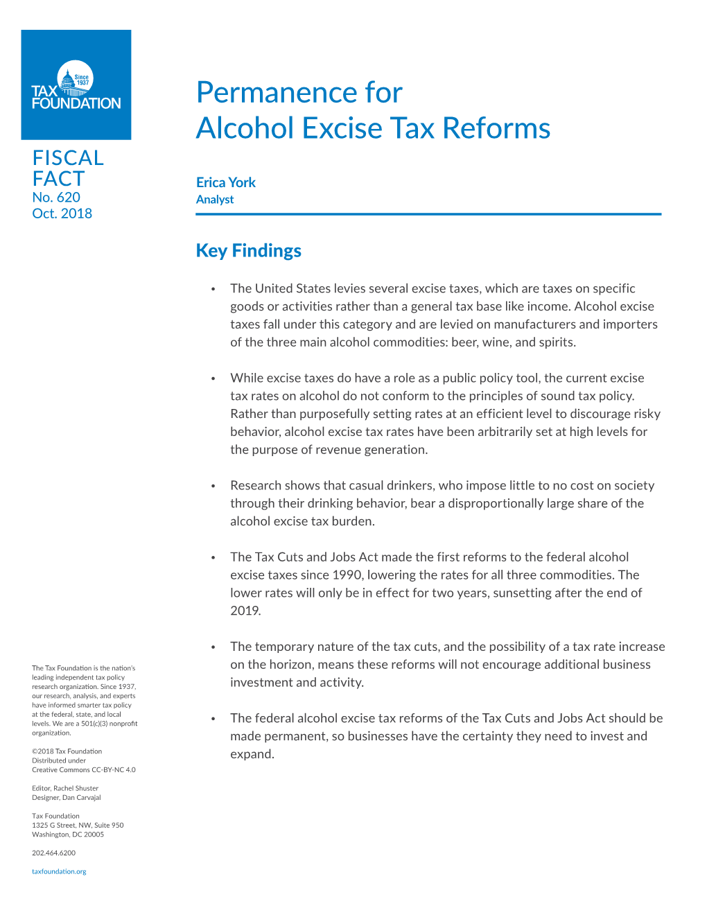 Permanence for Alcohol Excise Tax Reforms FISCAL FACT Erica York No