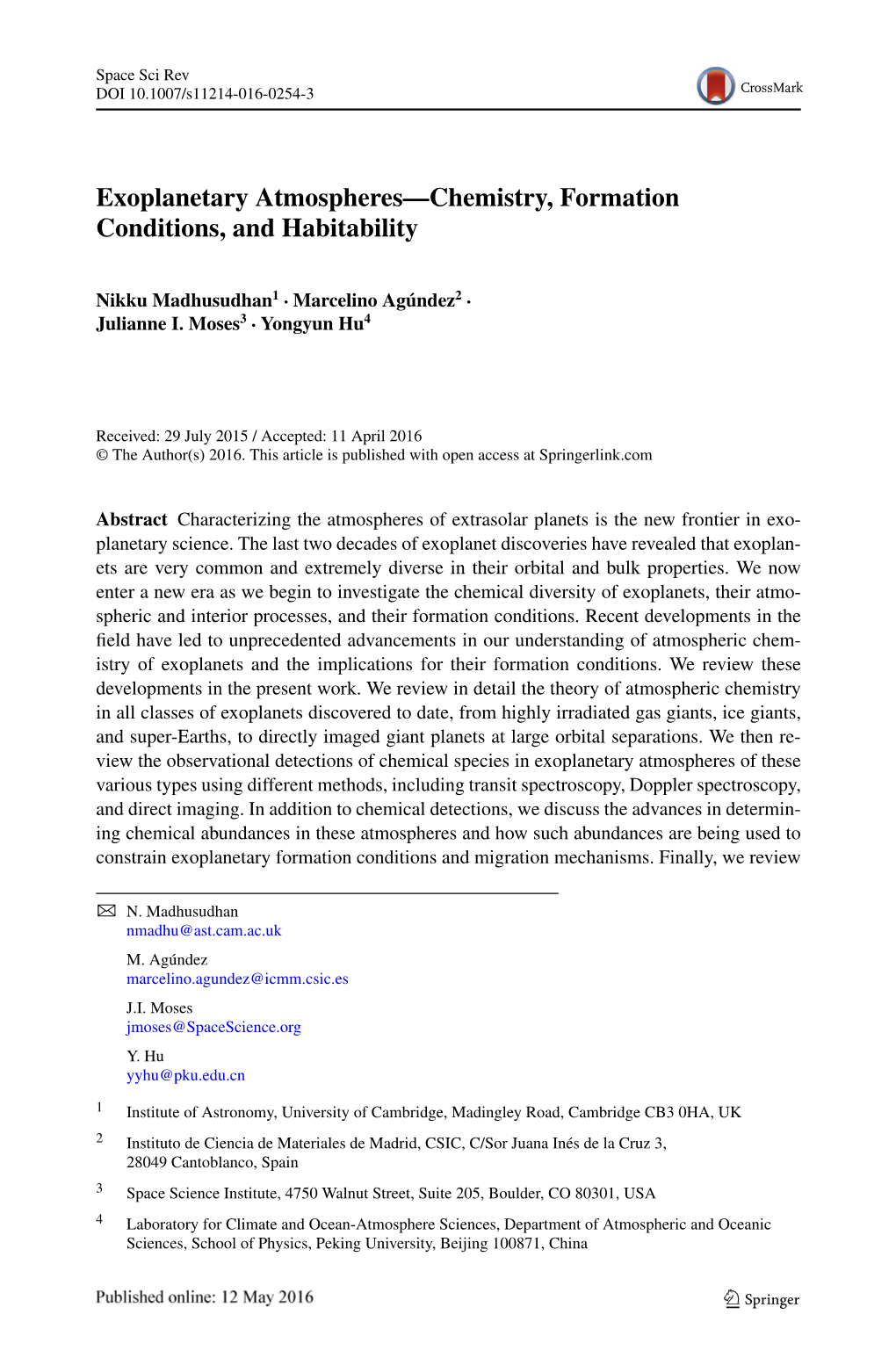 Exoplanetary Atmospheres—Chemistry, Formation Conditions, and Habitability