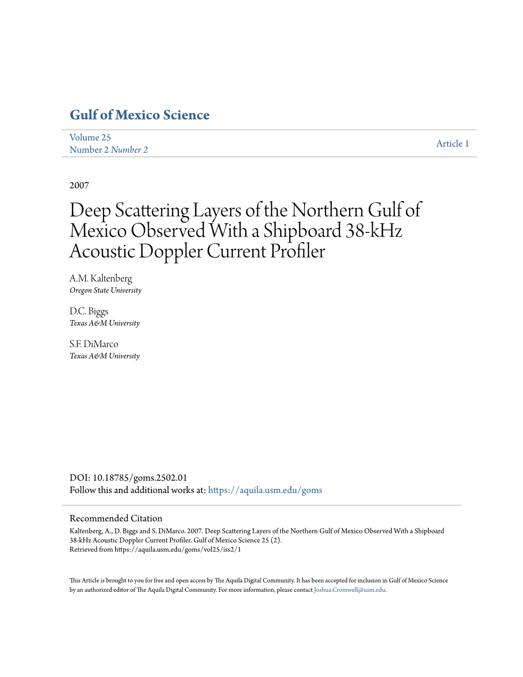 Deep Scattering Layers of the Northern Gulf of Mexico Observed with a Shipboard 38-Khz Acoustic Doppler Current Profiler A.M