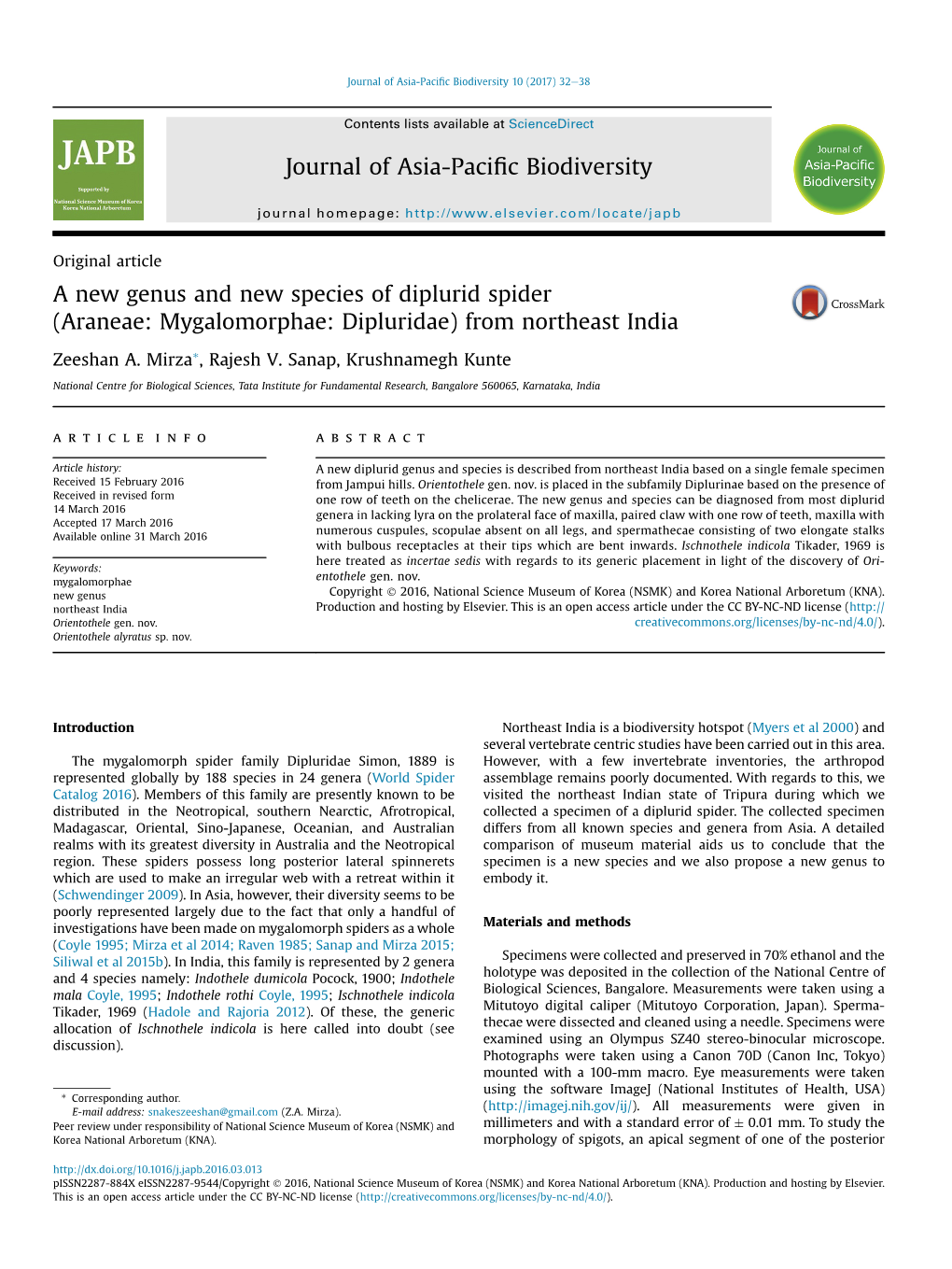 A New Genus and New Species of Diplurid Spider (Araneae: Mygalomorphae: Dipluridae) from Northeast India