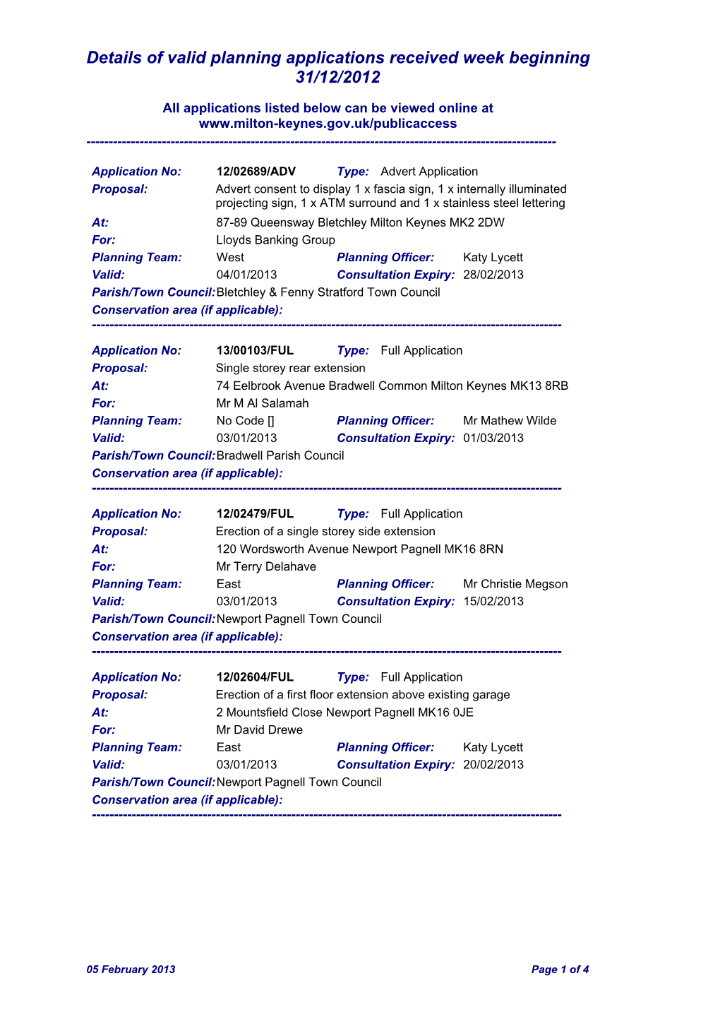 Details of Valid Planning Applications Received Week Beginning 31/12/2012