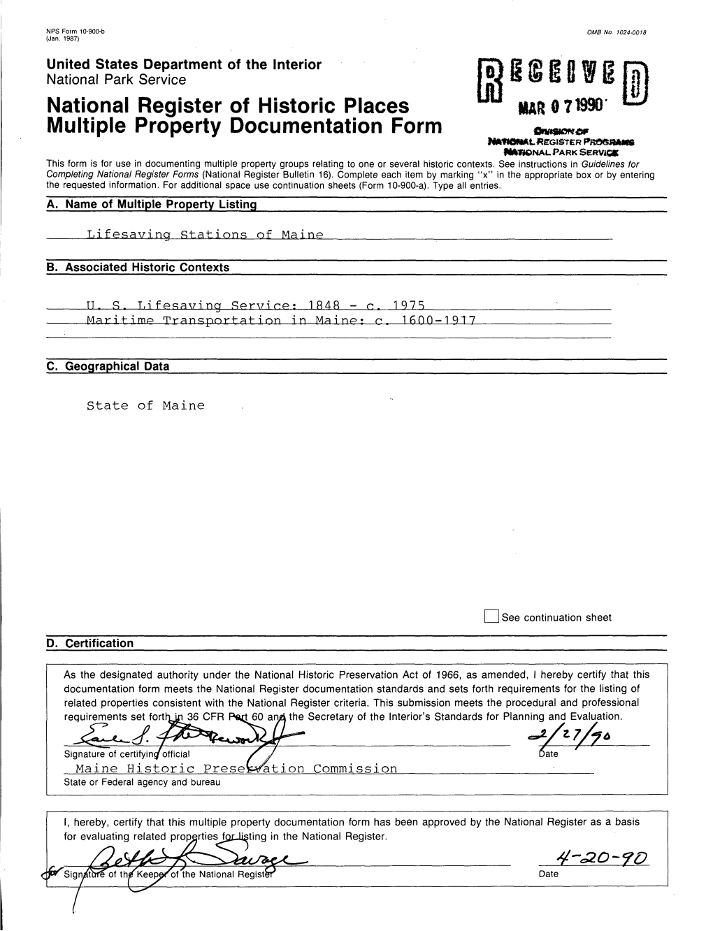 National Register of Historic Places WM MAR 8 71990' Multiple Property Documentation Form Na-Nowal REGISTER F»R8@Ftftms