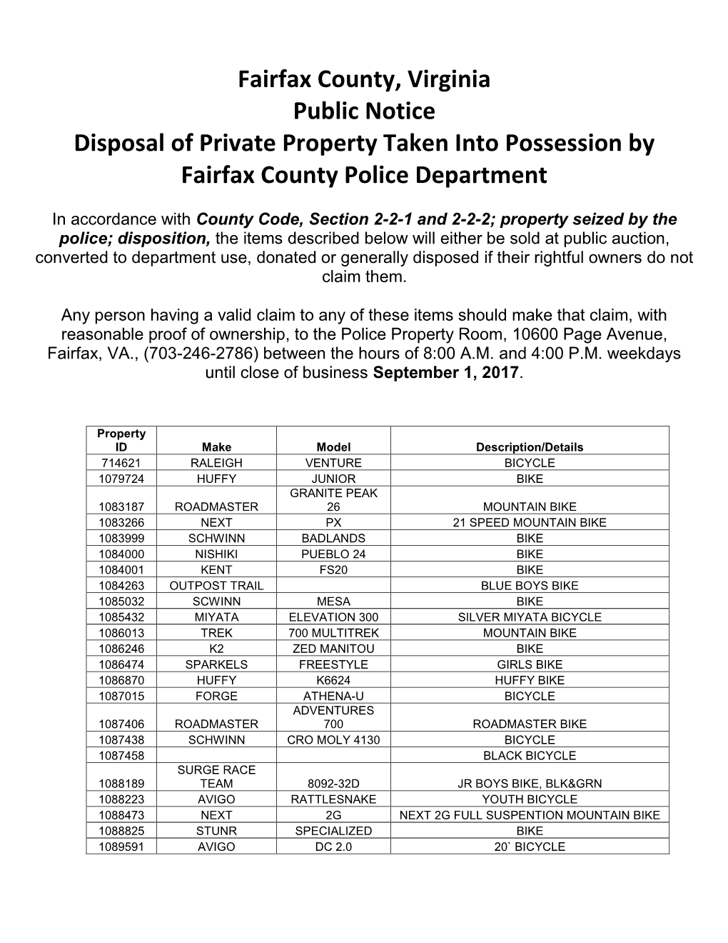 Fairfax County, Virginia Public Notice Disposal of Private Property Taken Into Possession by Fairfax County Police Department