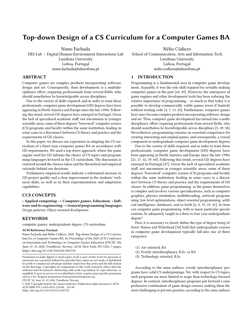 Top-Down Design of a CS Curriculum for a Computer Games BA