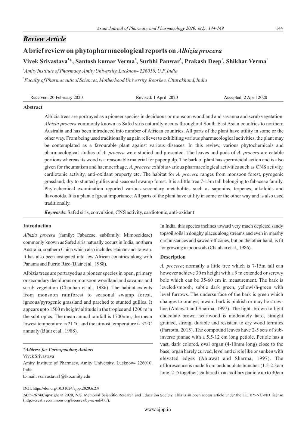 A Brief Review on Phytopharmacological Reports on Albizia Procera