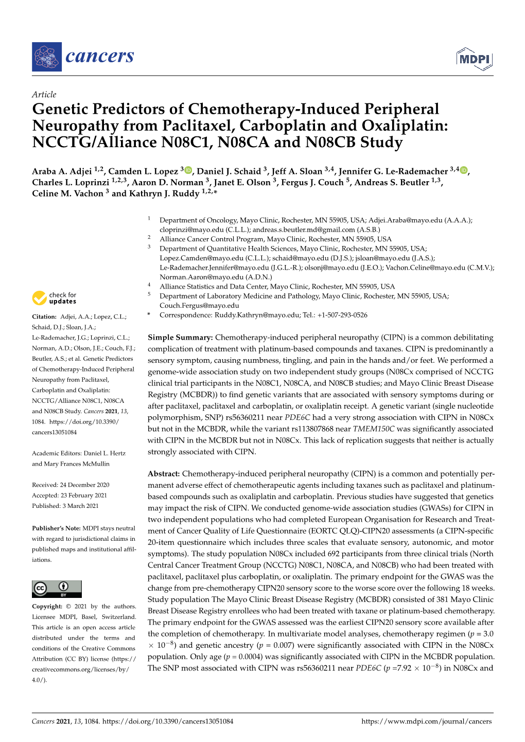 Genetic Predictors of Chemotherapy-Induced Peripheral Neuropathy from Paclitaxel, Carboplatin and Oxaliplatin: NCCTG/Alliance N08C1, N08CA and N08CB Study