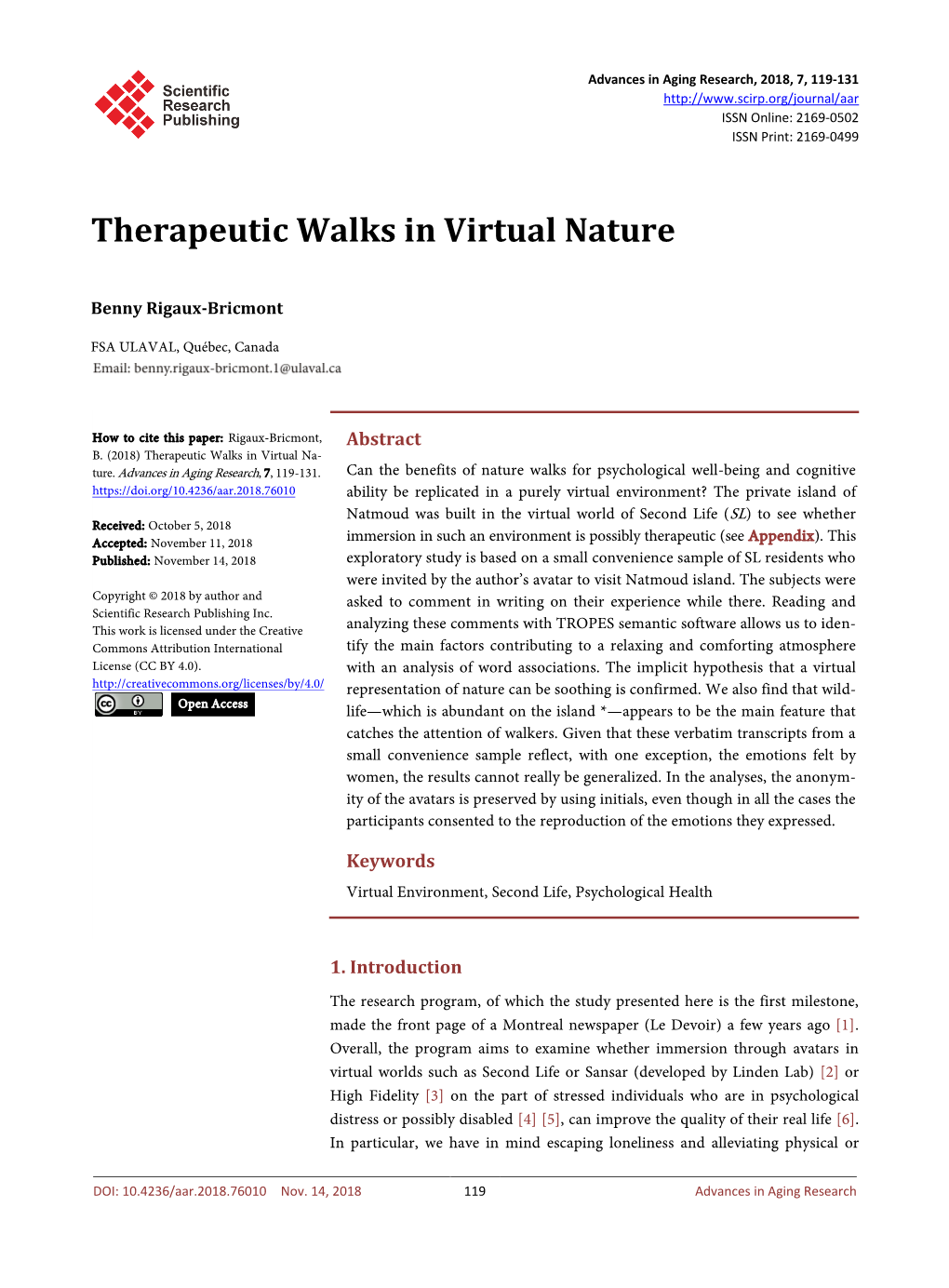 Therapeutic Walks in Virtual Nature