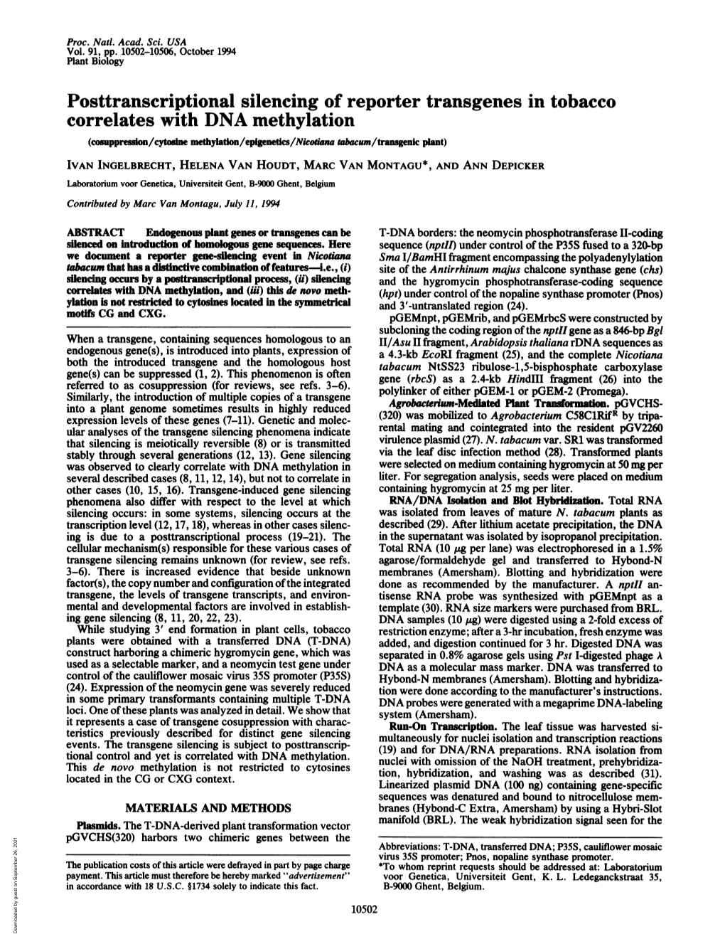 Posttranscriptional Silencing of Reporter Transgenes in Tobacco