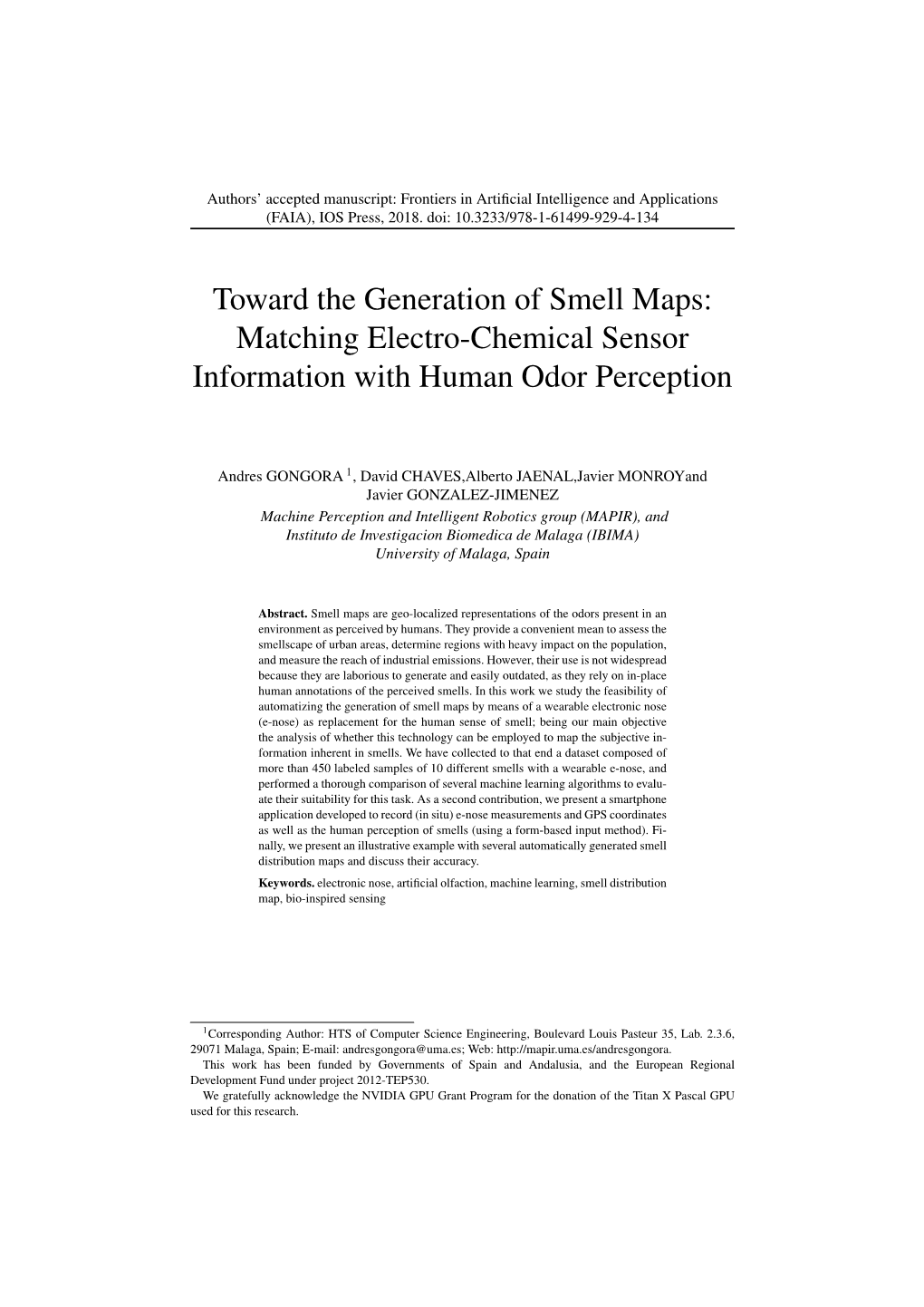 Toward the Generation of Smell Maps: Matching Electro-Chemical Sensor Information with Human Odor Perception