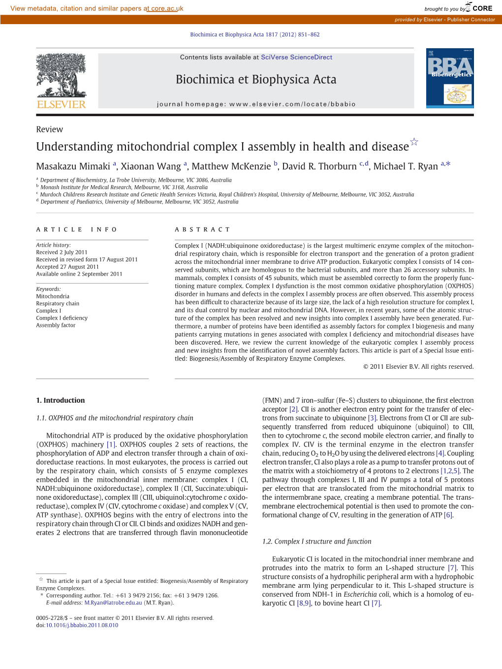 Understanding Mitochondrial Complex I Assembly in Health and Disease☆