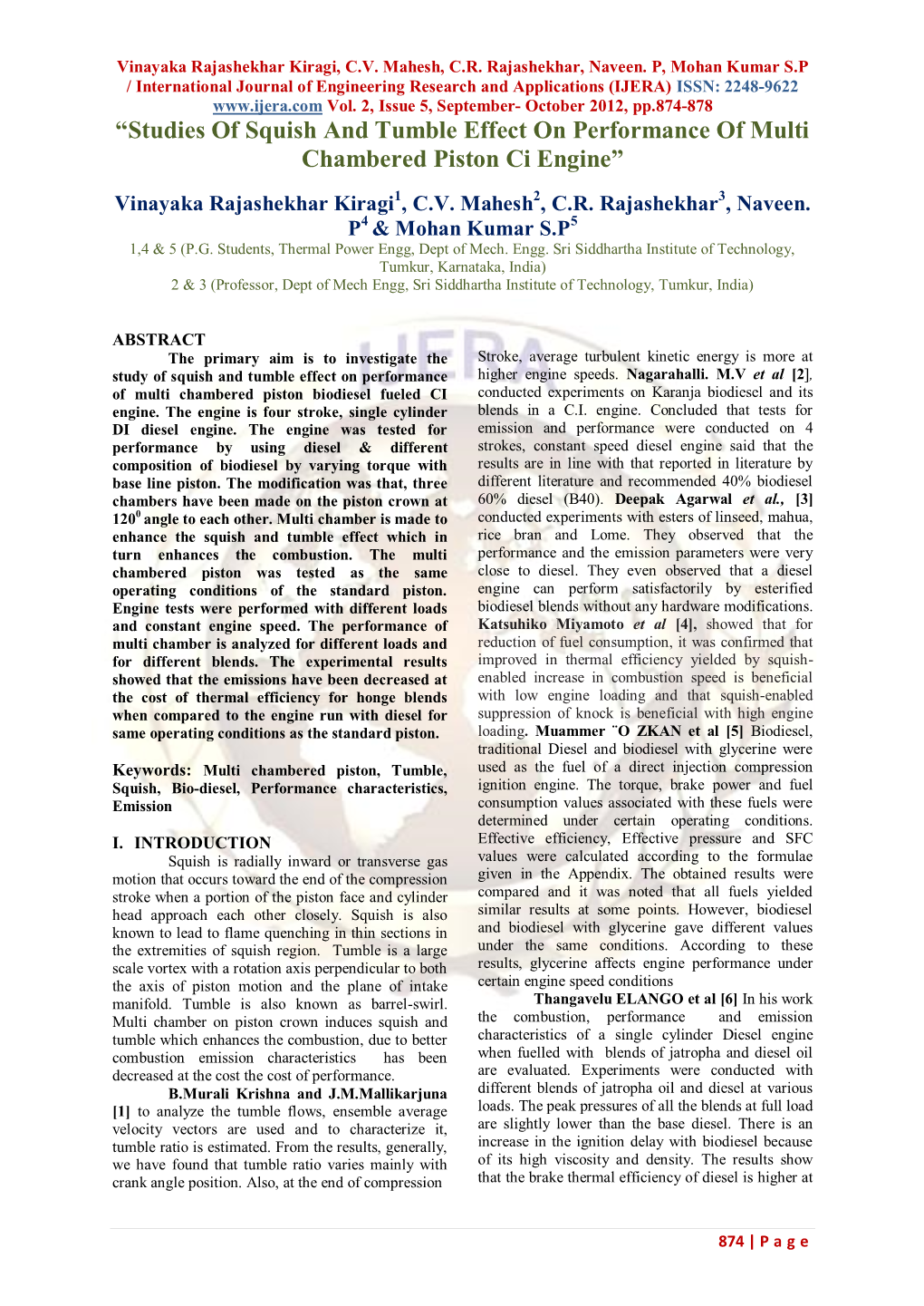 “Studies of Squish and Tumble Effect on Performance of Multi Chambered Piston Ci Engine”