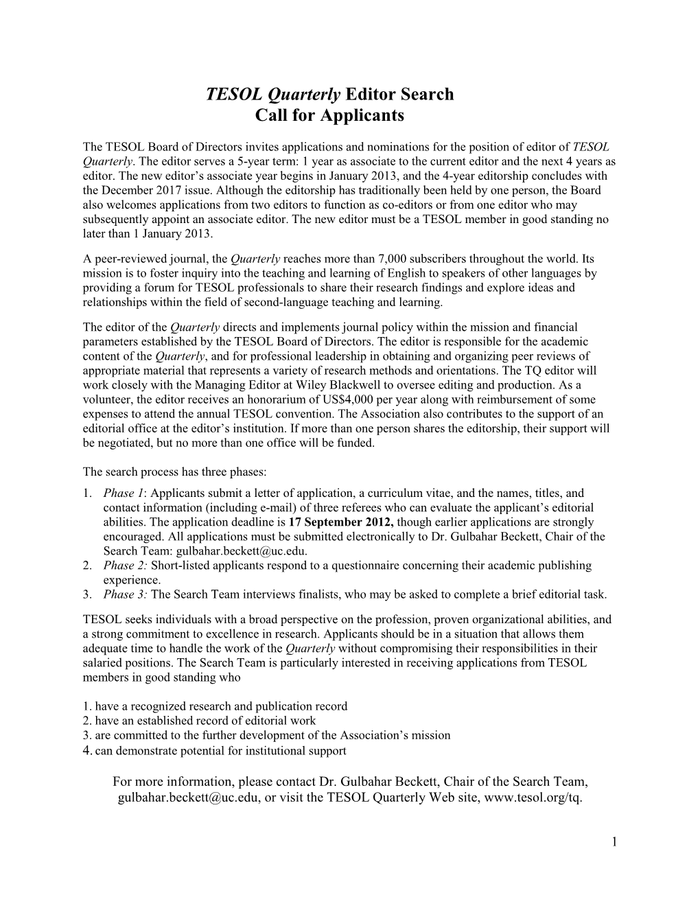 TESOL Quarterly Editor Search Call for Applicants