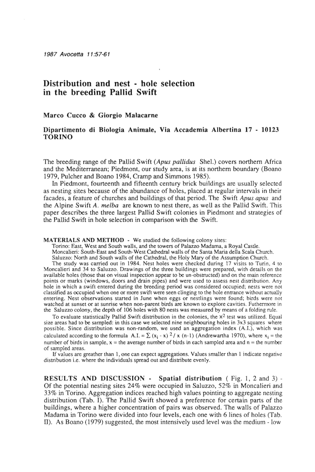 Distribution and Nest - Hole Selection in the Breeding Pallid Swift