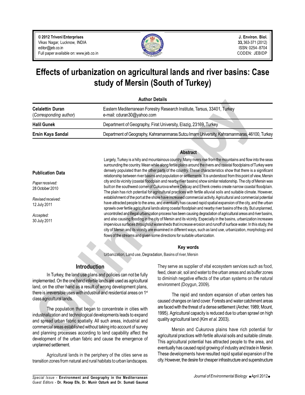 Effects of Urbanization on Agricultural Lands and River Basins: Case Study of Mersin (South of Turkey)