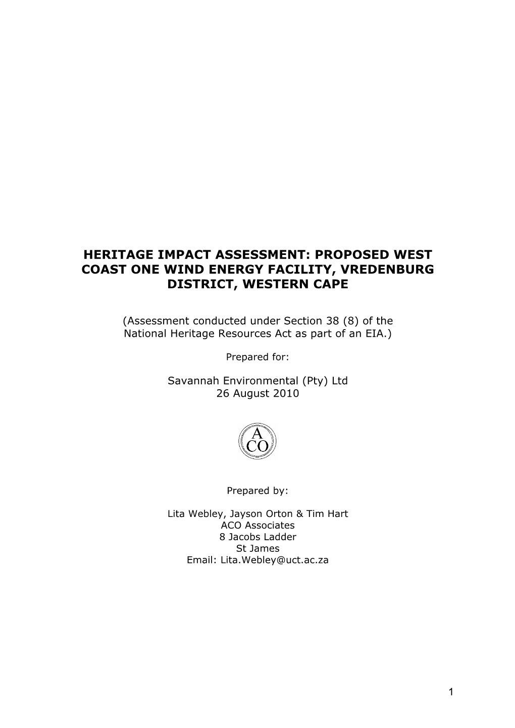 Heritage Impact Assessment: Proposed West Coast One Wind Energy Facility, Vredenburg District, Western Cape