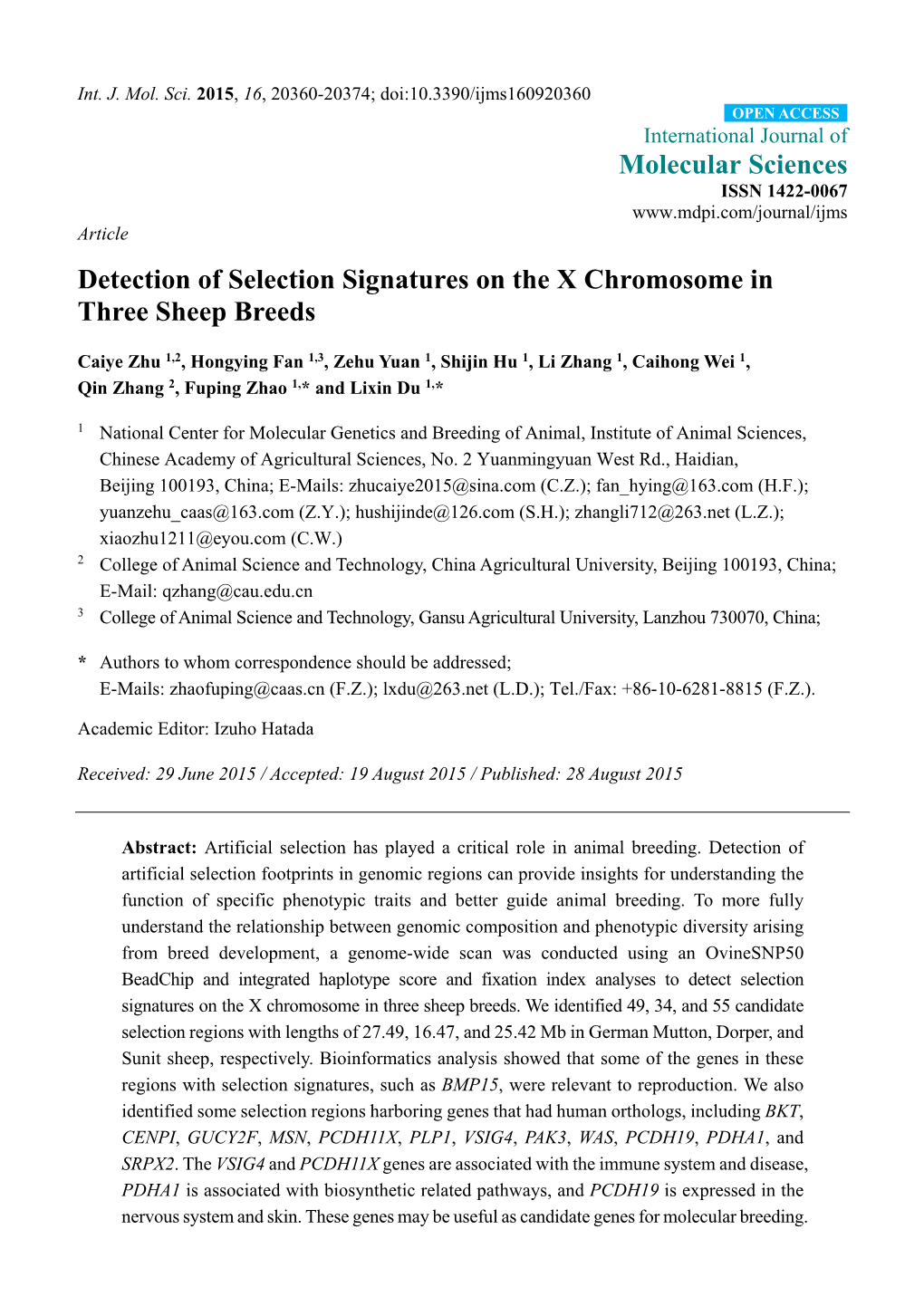 Detection of Selection Signatures on the X Chromosome in Three Sheep Breeds