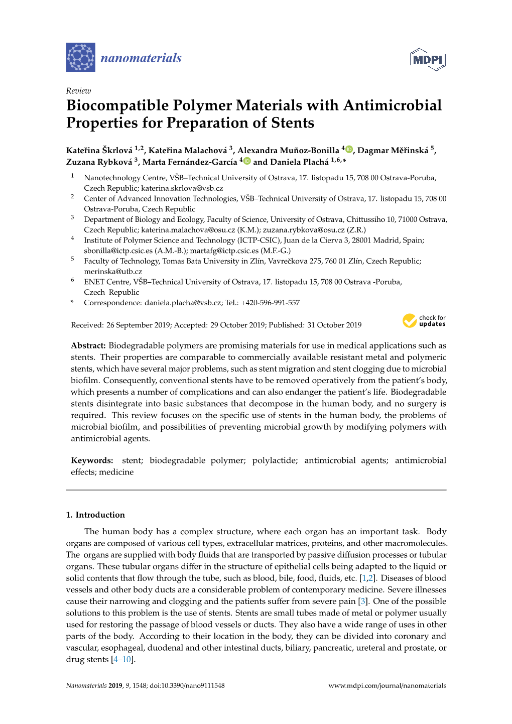 Biocompatible Polymer Materials with Antimicrobial Properties for Preparation of Stents