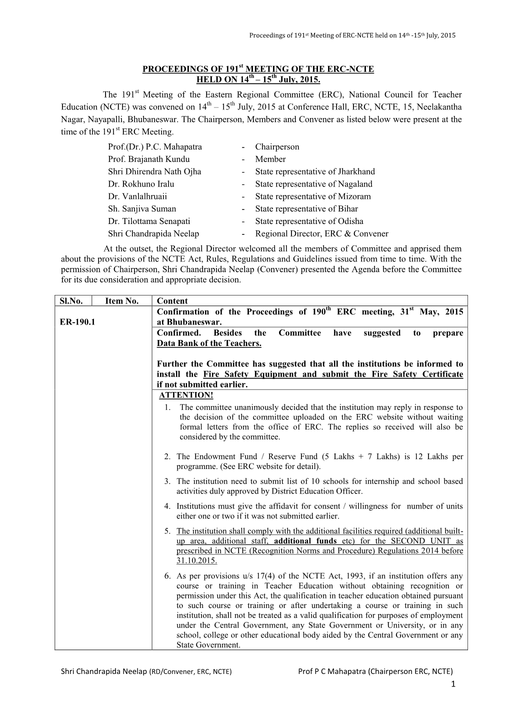 Proceedings of 191St Meeting of ERC-NCTE Held on 14Th -15Th July, 2015