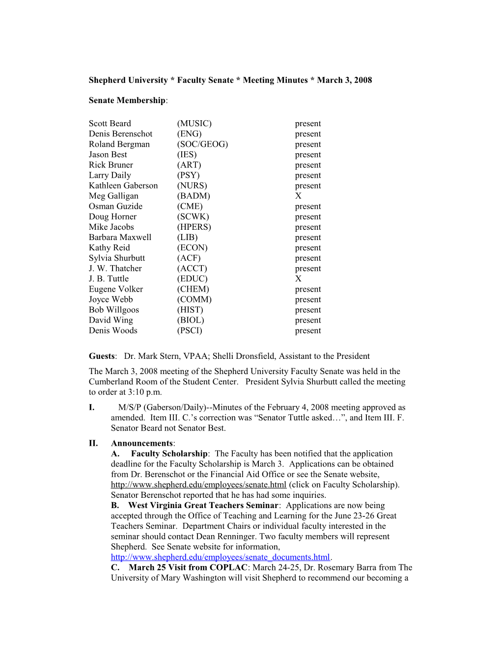 Shepherd University * Faculty Senate * Meeting Minutes * March 3, 2008