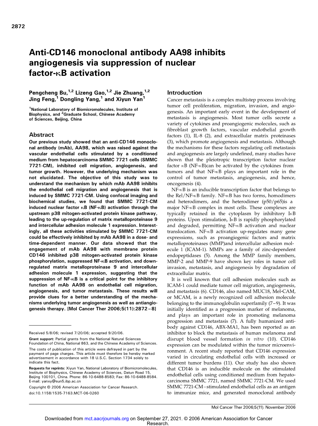 Anti-CD146 Monoclonal Antibody AA98 Inhibits Angiogenesis Via Suppression of Nuclear Factor-KB Activation