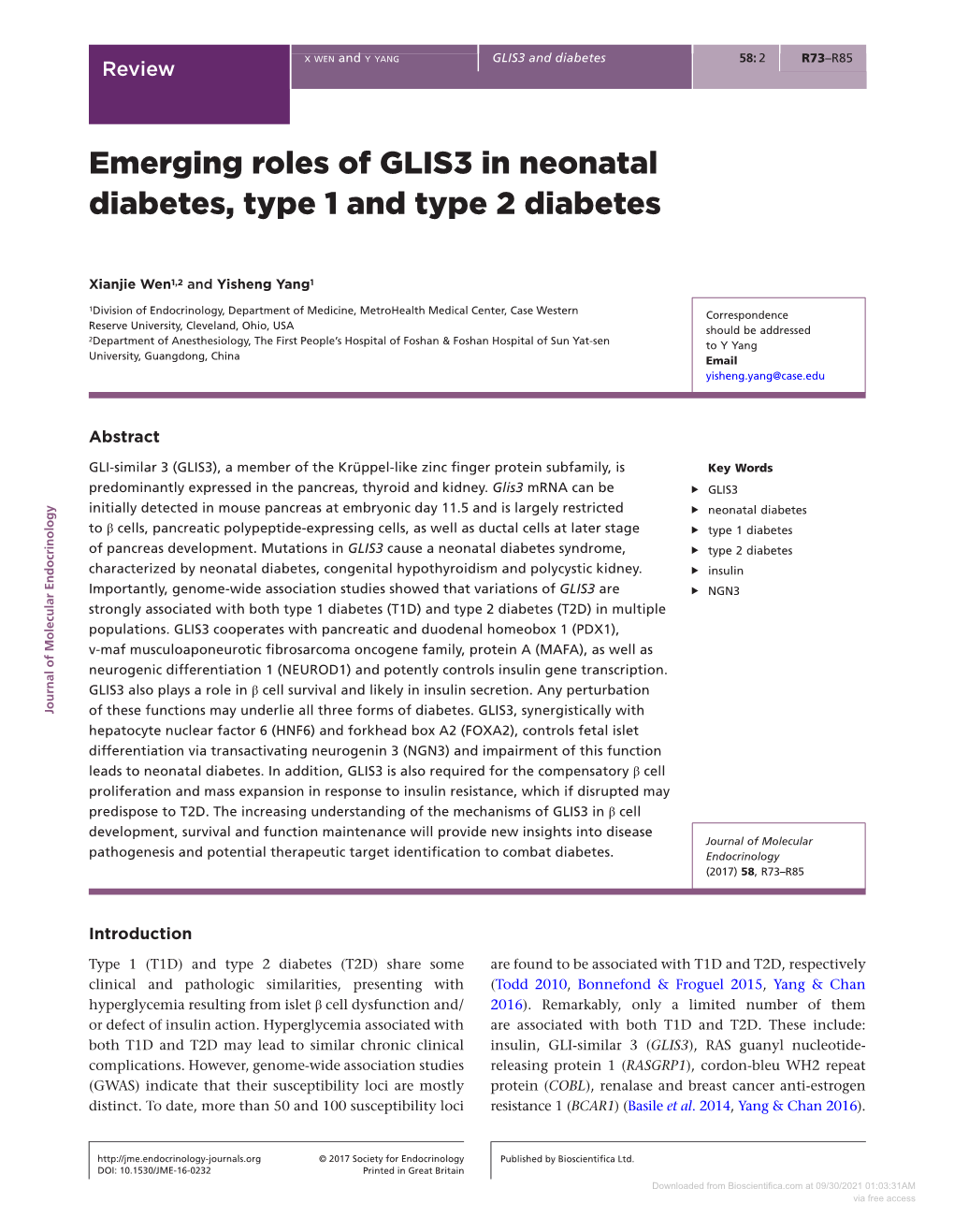Emerging Roles of GLIS3 in Neonatal Diabetes, Type 1 and Type 2 Diabetes