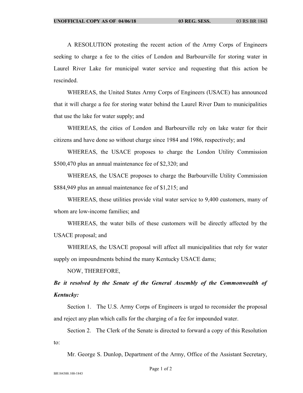 Unofficial Copy As of 02/27/03 03 Reg. Sess. 03 Rs Br 1843