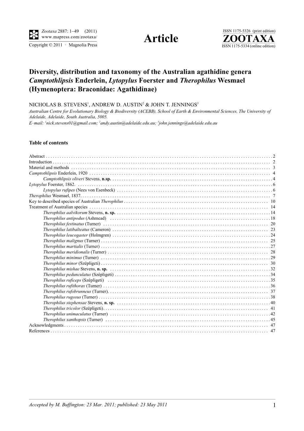 Diversity, Distribution and Taxonomy of the Australian Agathidine Genera