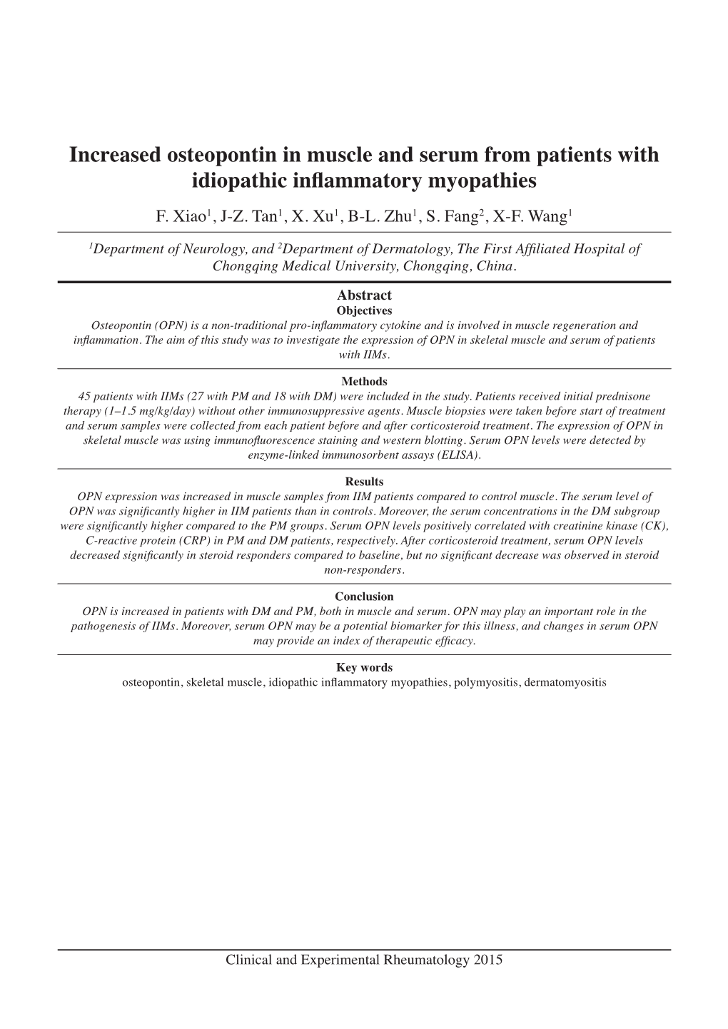 Increased Osteopontin in Muscle and Serum from Patients with Idiopathic Inflammatory Myopathies F