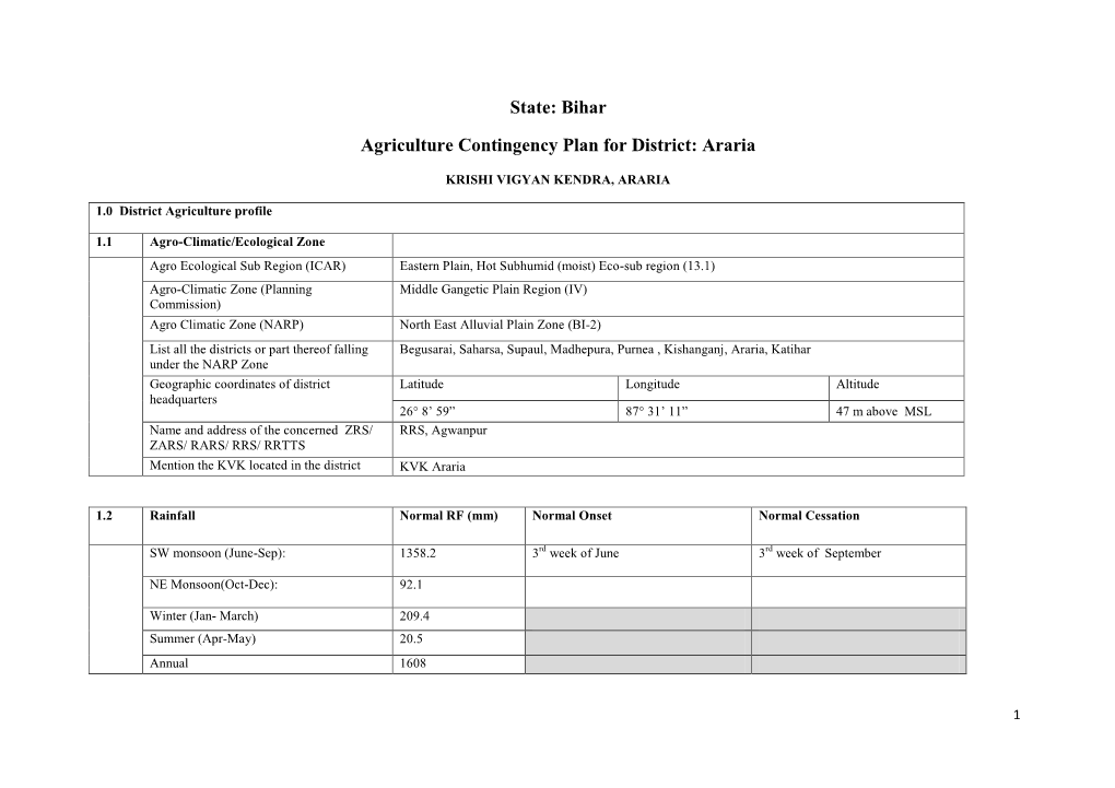 State: Bihar Agriculture Contingency Plan for District: Araria