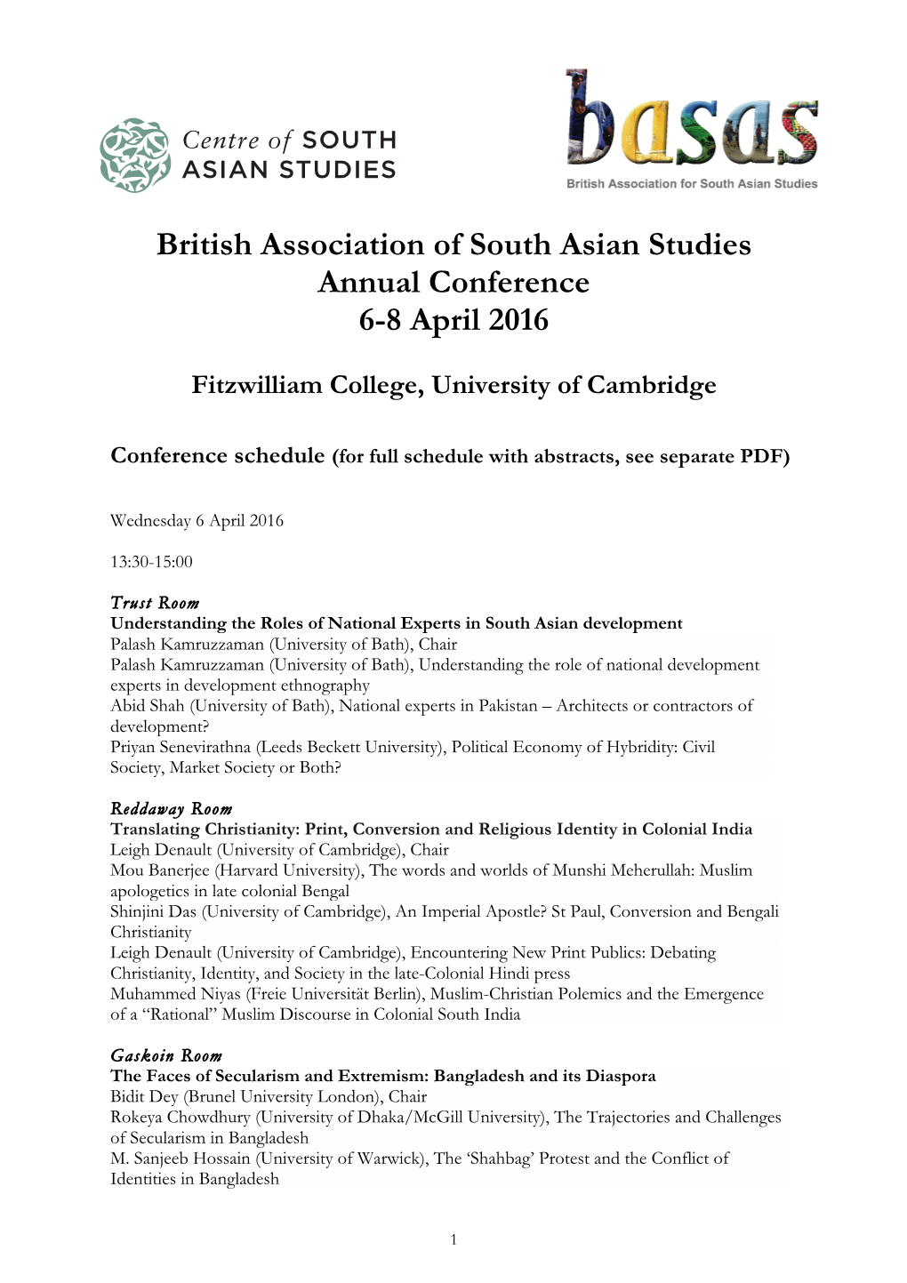British Association of South Asian Studies Annual Conference 6-8 April 2016