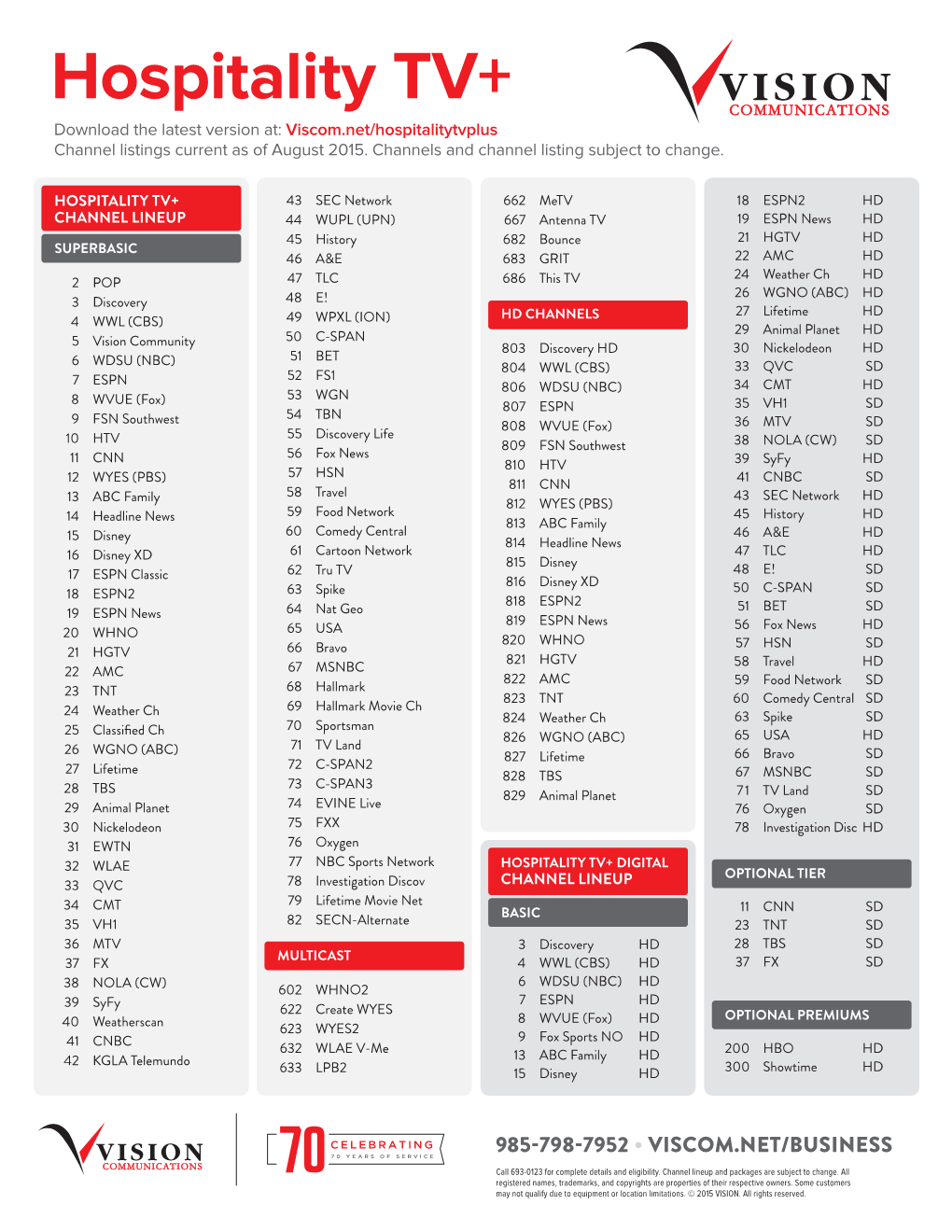 Hospitality TV+ Download the Latest Version At: Viscom.Net/Hospitalitytvplus Channel Listings Current As of August 2015