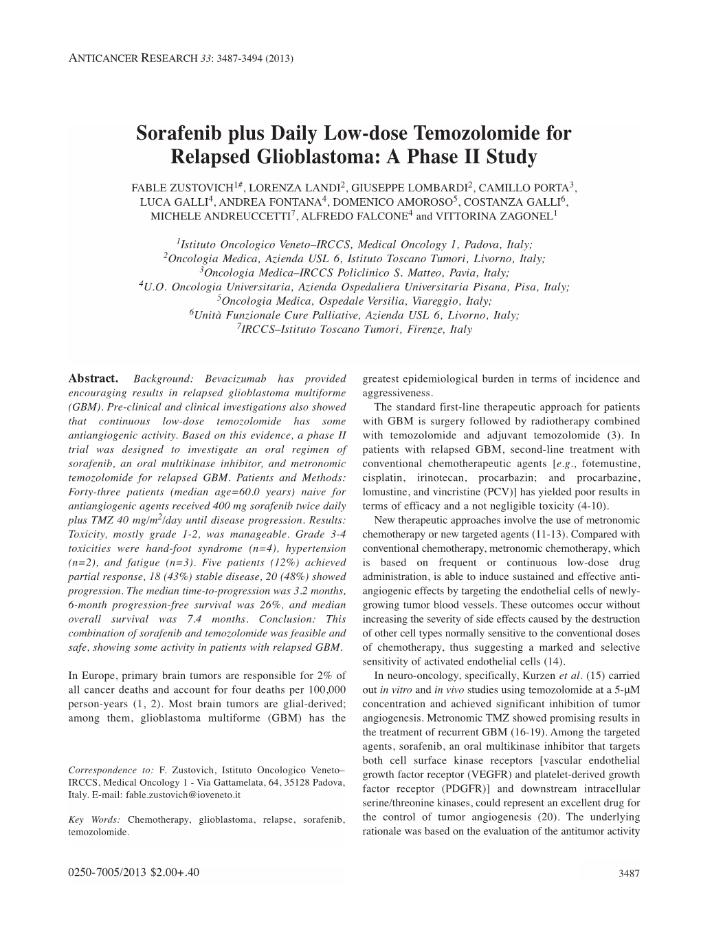 Sorafenib Plus Daily Low-Dose Temozolomide for Relapsed Glioblastoma: a Phase II Study