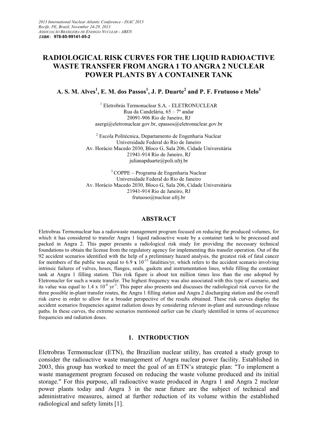 Radiological Risk Curves for the Liquid Radioactive Waste Transfer from Angra 1 to Angra 2 Nuclear Power Plants by a Container Tank