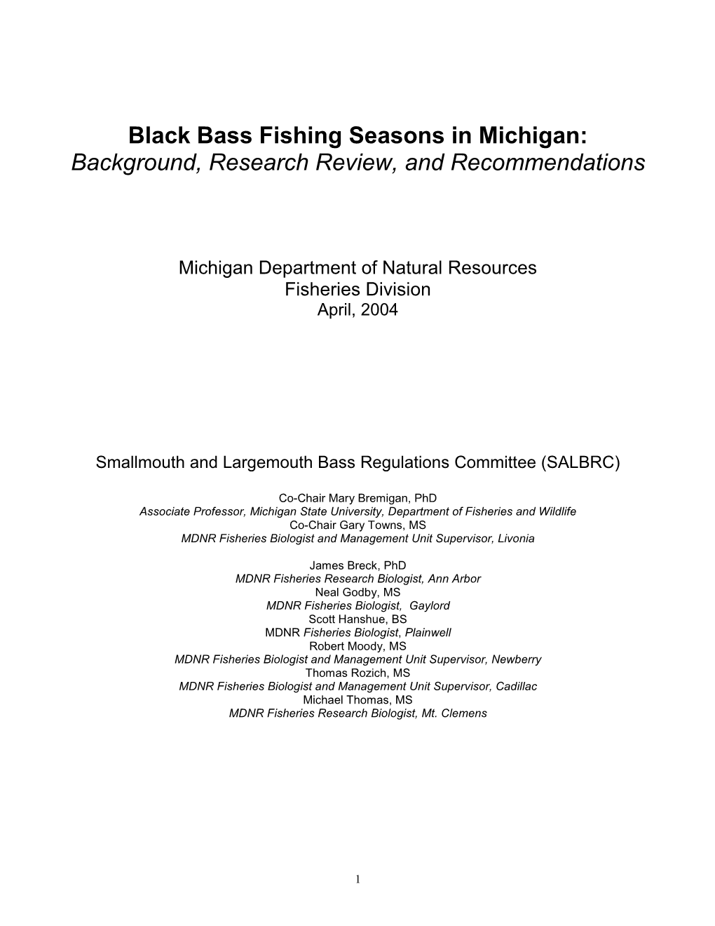 Black Bass Fishing Seasons in Michigan: Background, Research Review, and Recommendations