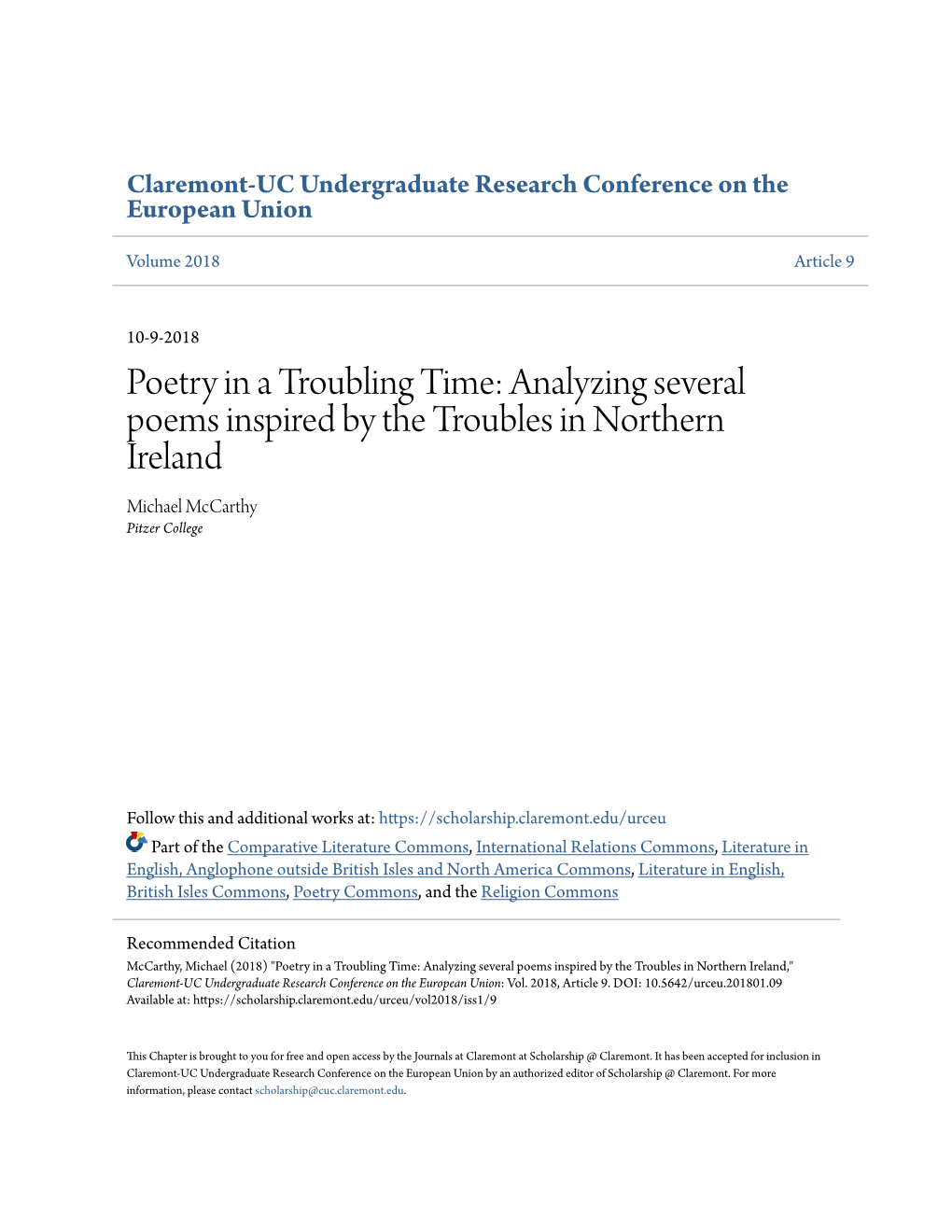 Analyzing Several Poems Inspired by the Troubles in Northern Ireland Michael Mccarthy Pitzer College