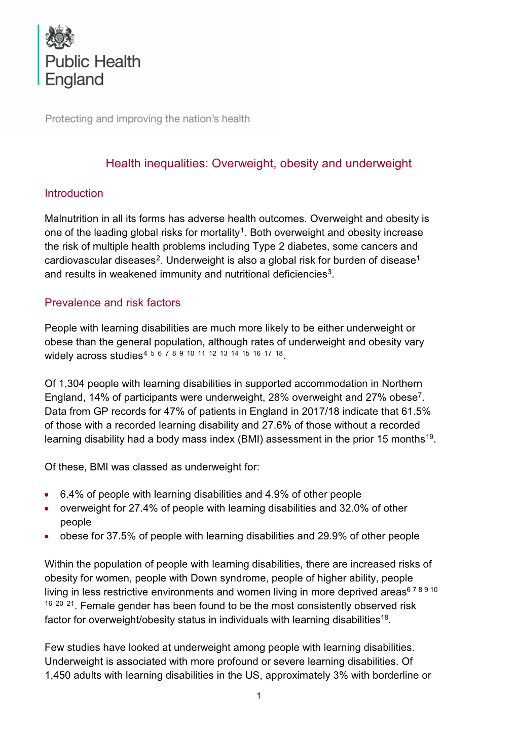 Health Inequalities: Overweight, Obesity and Underweight