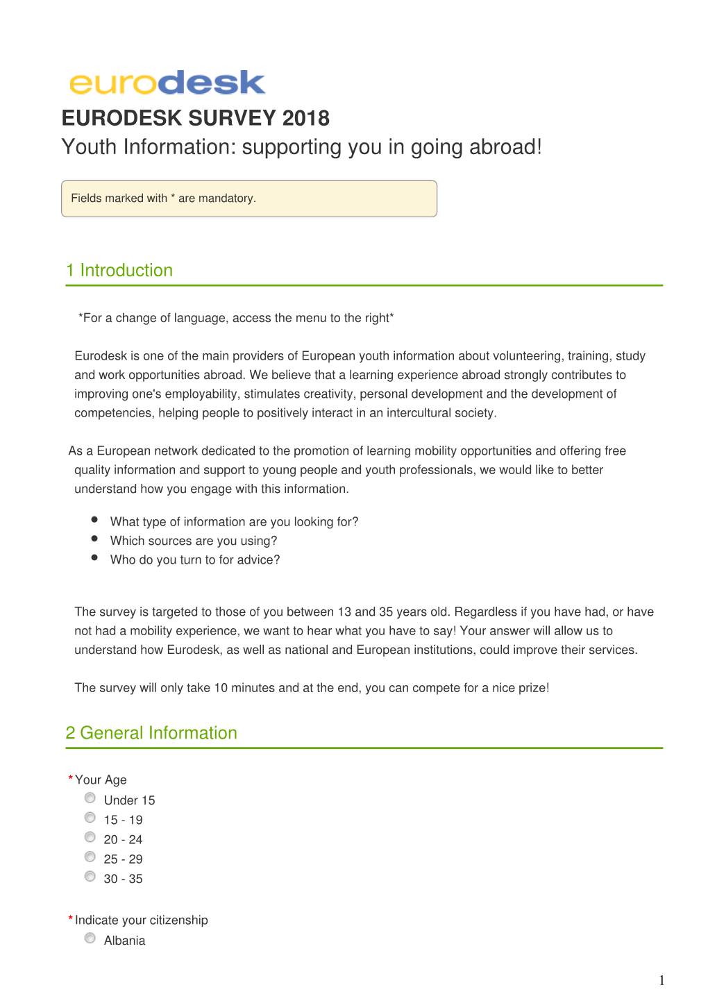 EURODESK SURVEY 2018 Youth Information: Supporting You in Going Abroad!