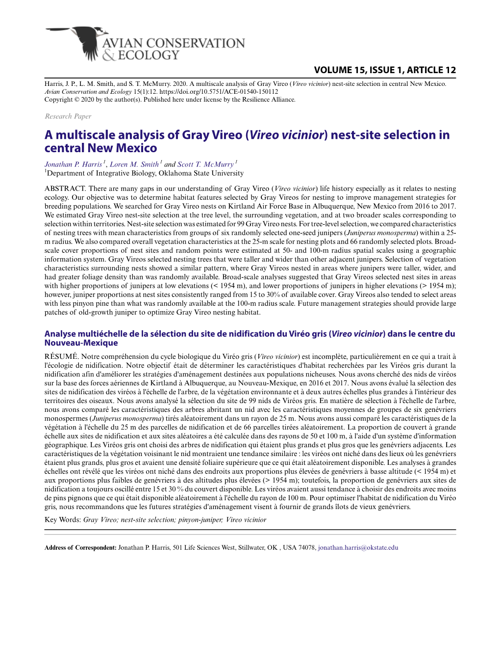 A Multiscale Analysis of Gray Vireo (Vireo Vicinior) Nest-Site Selection in Central New Mexico