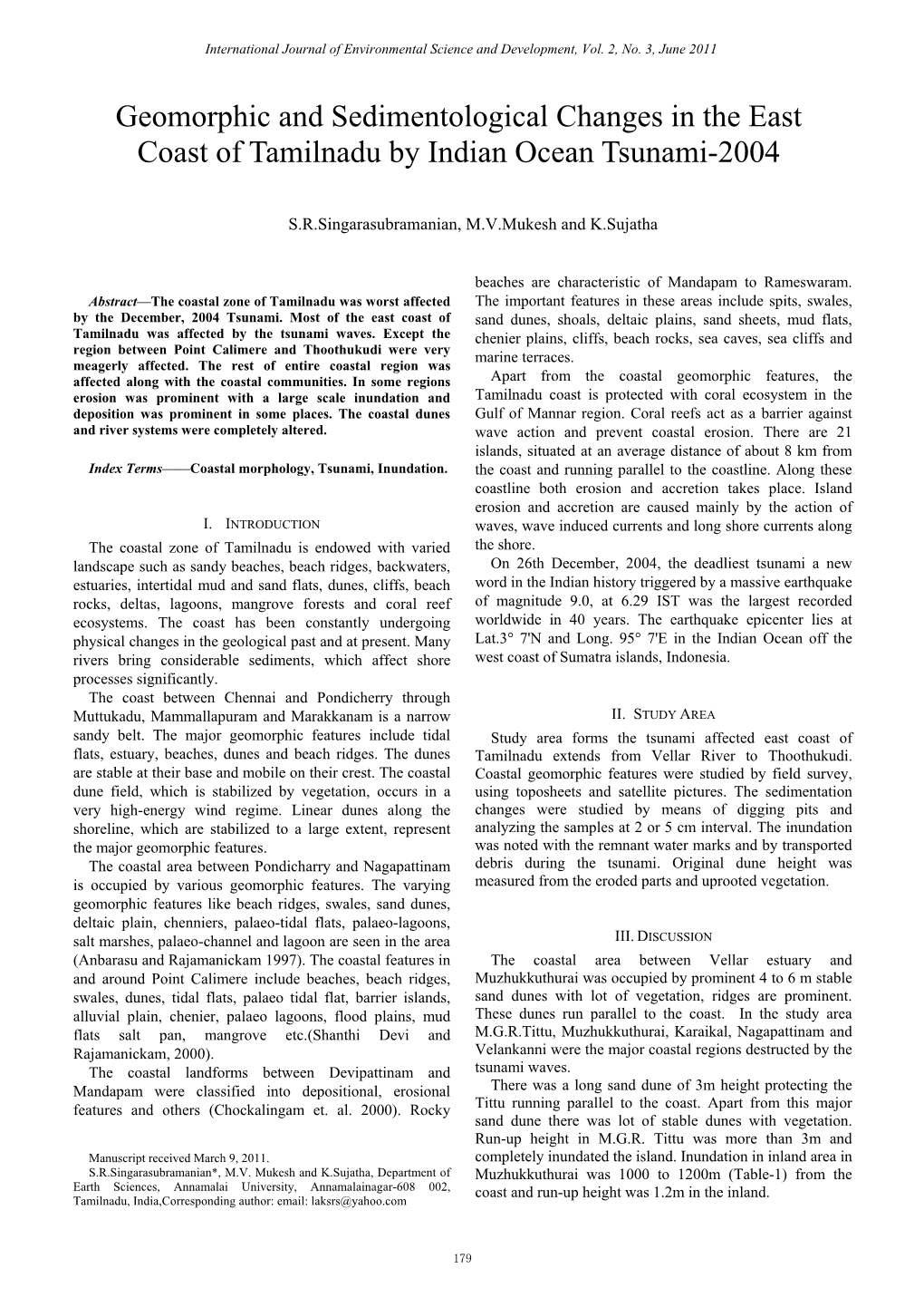 Geomorphic and Sedimentological Changes in the East Coast of Tamilnadu by Indian Ocean Tsunami-2004