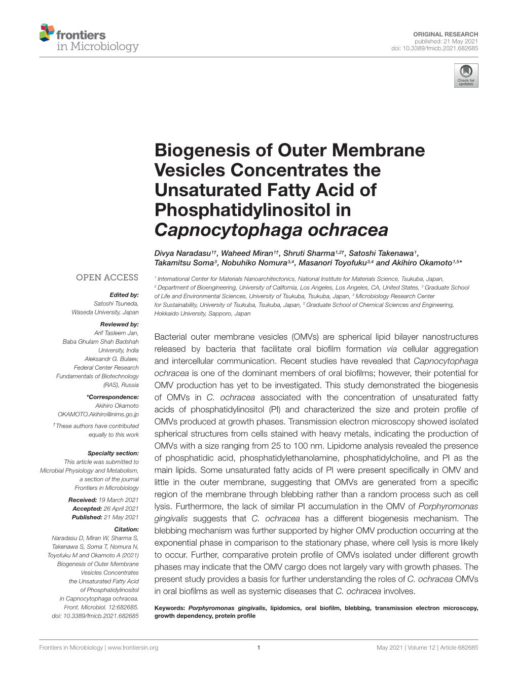 Biogenesis of Outer Membrane Vesicles Concentrates the Unsaturated Fatty Acid of Phosphatidylinositol in Capnocytophaga Ochracea