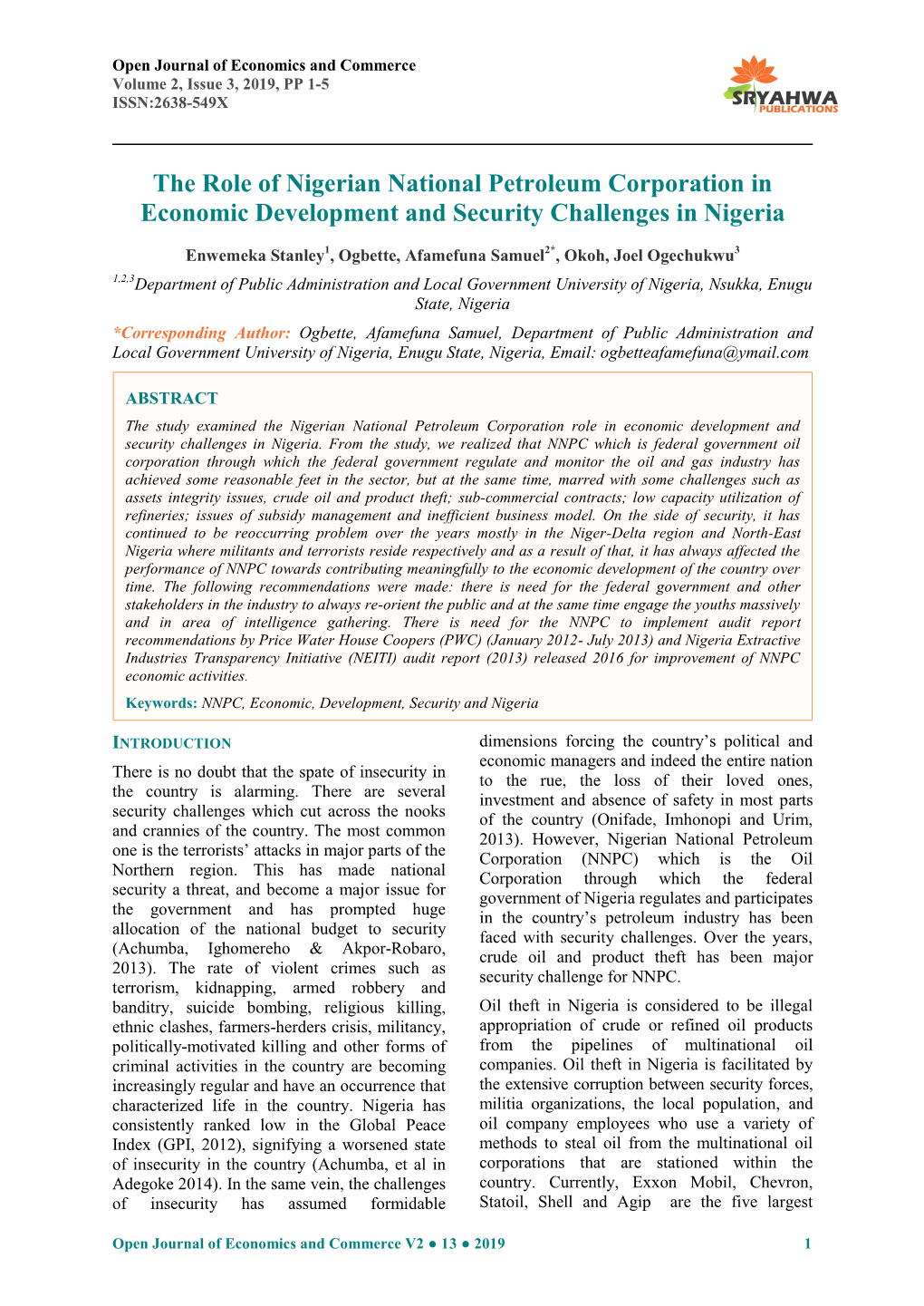 The Role of Nigerian National Petroleum Corporation in Economic Development and Security Challenges in Nigeria