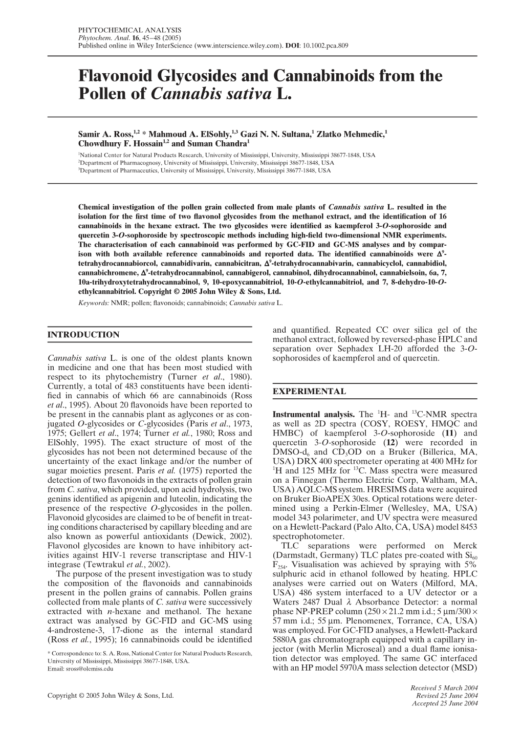 Flavonoid Glycosides and Cannabinoids from the Pollen of Cannabis Sativa L