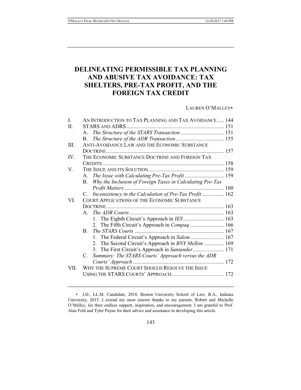 Delineating Permissible Tax Planning and Abusive Tax Avoidance: Tax Shelters, Pre-Tax Profit, and the Foreign Tax Credit