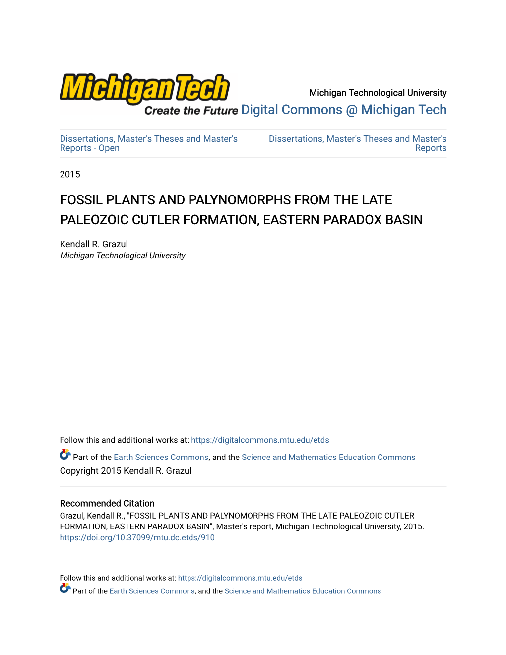 Fossil Plants and Palynomorphs from the Late Paleozoic Cutler Formation, Eastern Paradox Basin