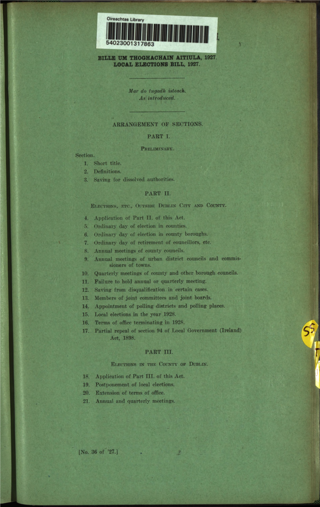 Bille Um Thoghachain Aitiula, 1927. Local Elections Bill, 1927