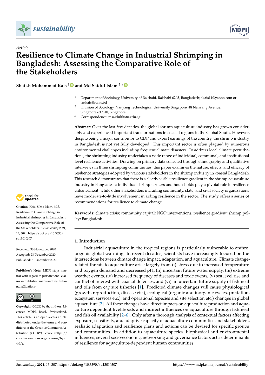 Resilience to Climate Change in Industrial Shrimping in Bangladesh: Assessing the Comparative Role of the Stakeholders
