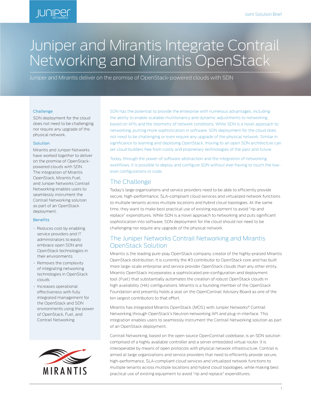 Juniper and Mirantis Integrate Contrail Networking and Mirantis Openstack